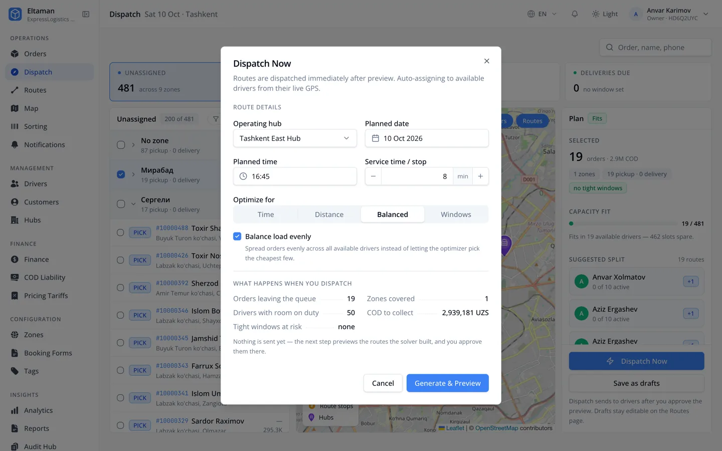 Dispatch Now dialog: hub, date, 16:45, optimise for Balanced, and what happens when you dispatch