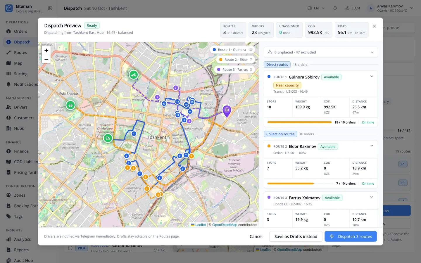 Dispatch preview: three routes on one map with stops, weight, COD and distance