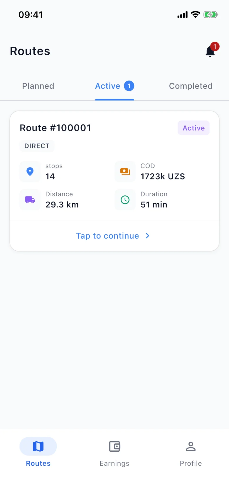 Rider app: active route with stops, distance, duration and COD