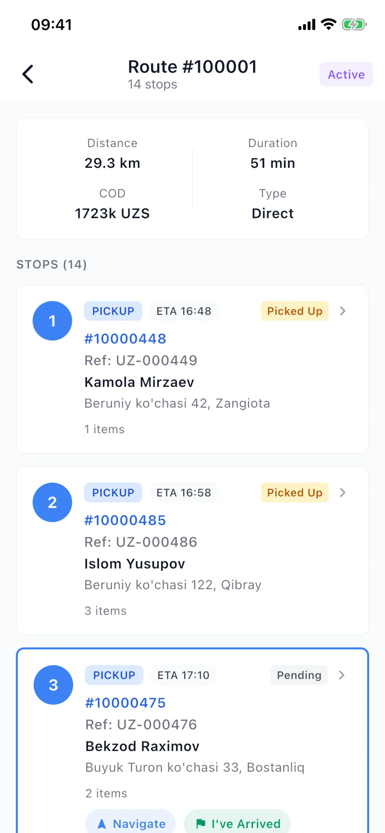 Rider app: route stops in delivery order with Navigate and I’ve arrived